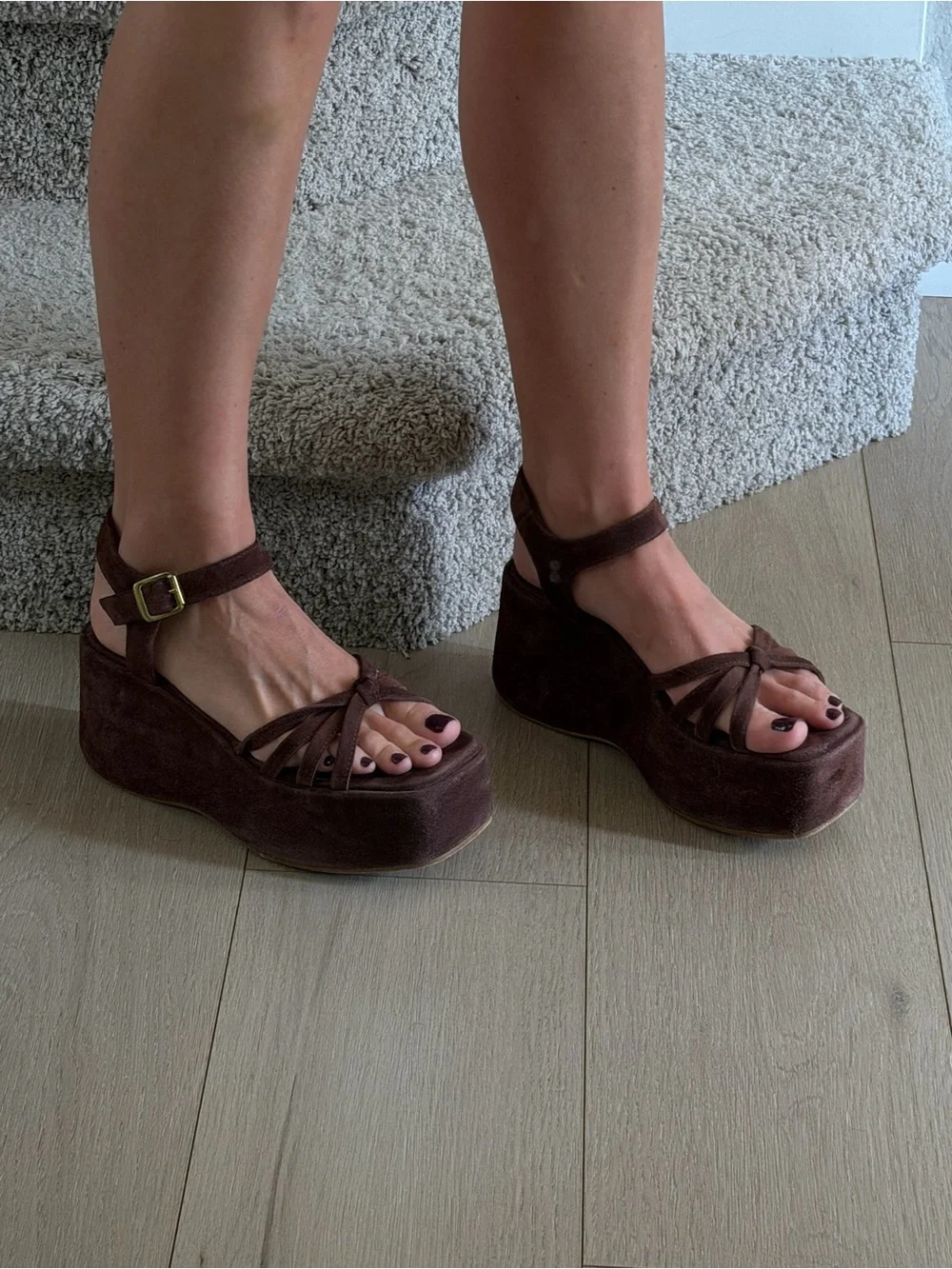 Women's Brown Suede Platform Ankle-Strap Sandals with Knotted Detail